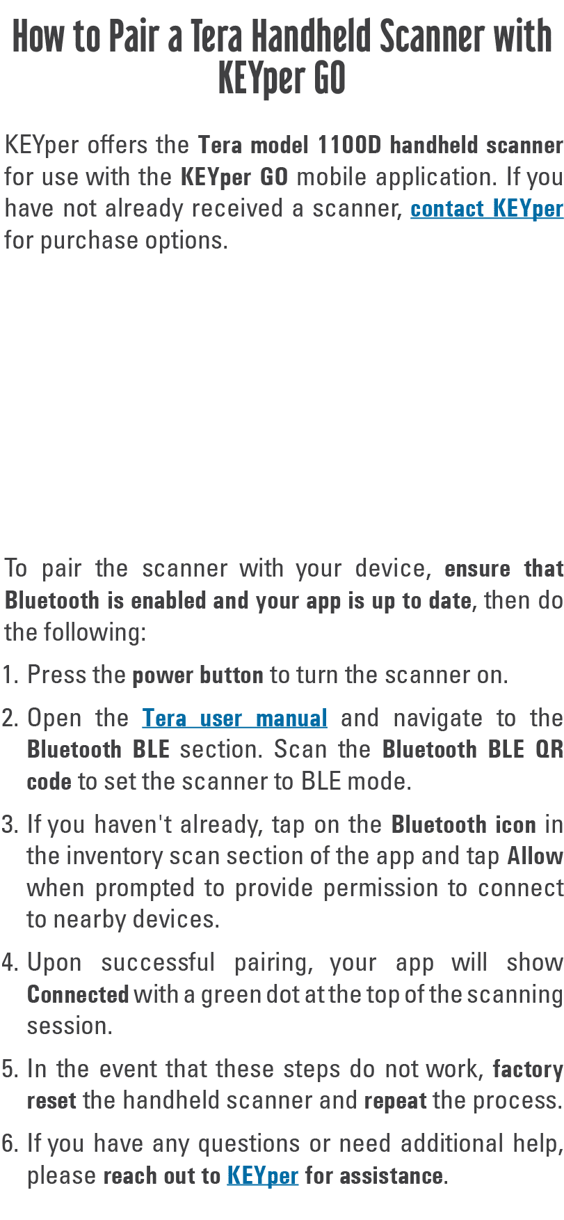 How to Pair a Tera Handheld Scanner with KEYper GO KEYper offers the Tera model 1100D handheld scanner for use with t...