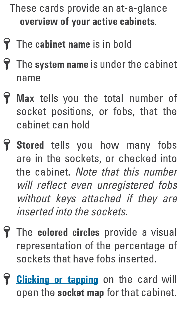 These cards provide an at a glance overview of your active cabinets. The cabinet name is in bold The system name is u...