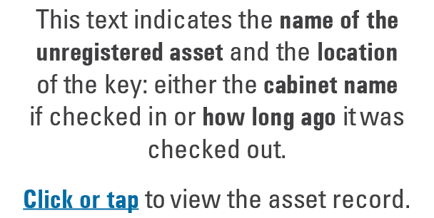 This text indicates the name of the unregistered asset and the location of the key: either the cabinet name if checke...