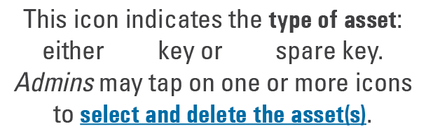 This icon indicates the type of asset: either key or spare key. Admins may tap on one or more icons to select and del...