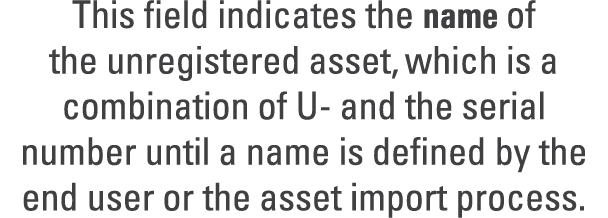 This field indicates the name of the unregistered asset, which is a combination of U and the serial number until a na...