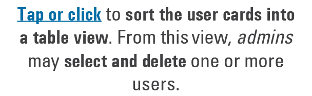 Tap or click to sort the user cards into a table view. From this view, admins may select and delete one or more users.