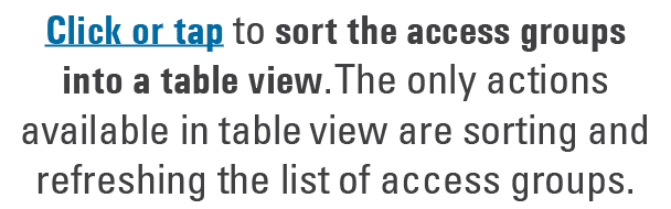 Click or tap to sort the access groups into a table view. The only actions available in table view are sorting and re...