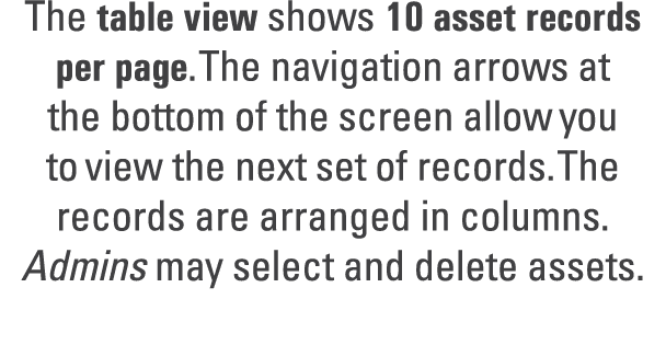 The table view shows 10 asset records per page. The navigation arrows at the bottom of the screen allow you to view t...