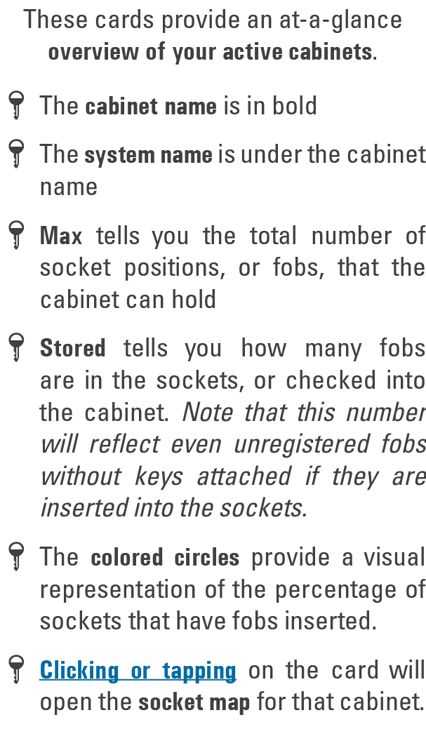 These cards provide an at a glance overview of your active cabinets. The cabinet name is in bold The system name is u...