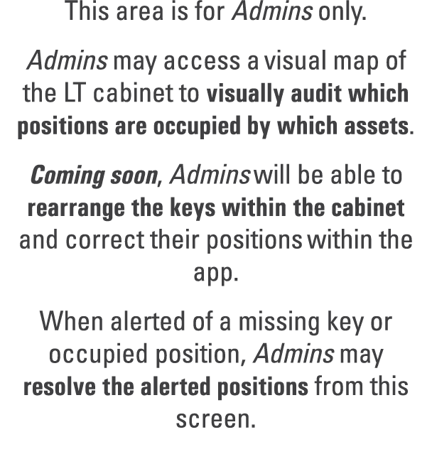 This area is for Admins only. Admins may access a visual map of the LT cabinet to visually audit which positions are ...