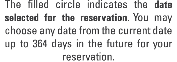 The filled circle indicates the date selected for the reservation. You may choose any date from the current date up t...