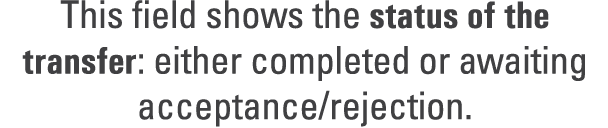 This field shows the status of the transfer: either completed or awaiting acceptance/rejection. 