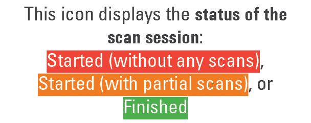 This icon displays the status of the scan session: Started (without any scans), Started (with partial scans), or Fini...