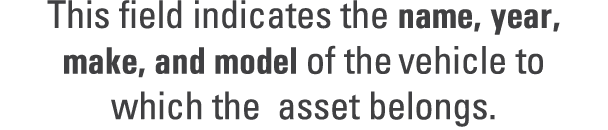 This field indicates the name, year, make, and model of the vehicle to which the asset belongs.