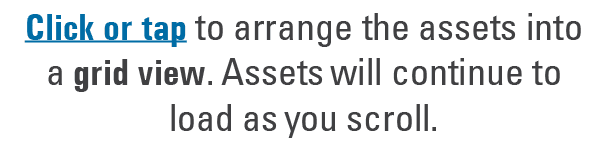 Click or tap to arrange the assets into a grid view. Assets will continue to load as you scroll.