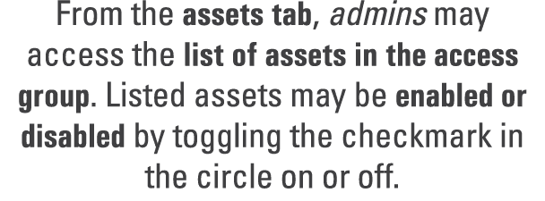 From the assets tab, admins may access the list of assets in the access group. Listed assets may be enabled or disabl...